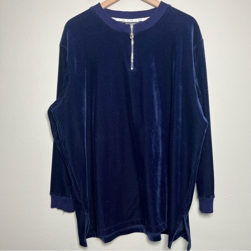 Russ Woman‎ VTG Corduroy Velvet Shirt 3X Blue Quarter Zip Casual USA Made